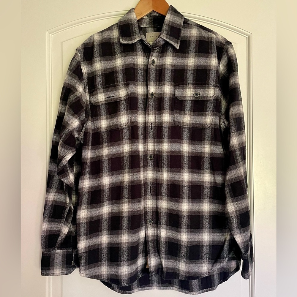 JACHS Men's Button-Up Shirt M Black Gray White Red Plaid Flannel Cotton Pockets